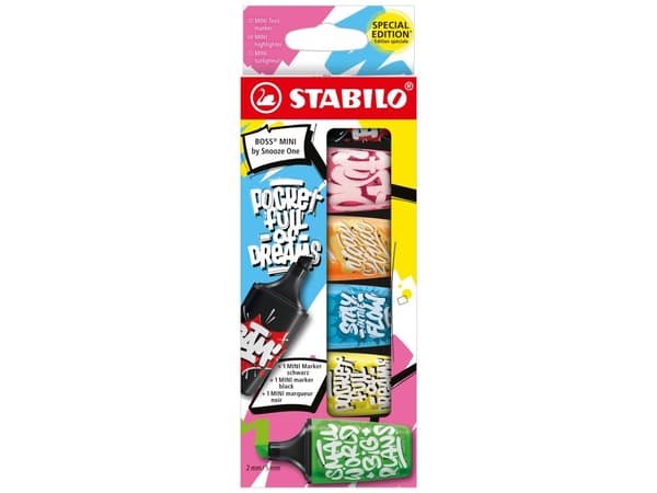 STABILO BOSS MINI by Snooze One, 6 stykker, Sort, Blå, Grønn, Oransje, Rosa, Gult, Meisel tupp, Rosa, Sort, Blå, Grønn, Oransje, Gult, 2 mm, 5 mm