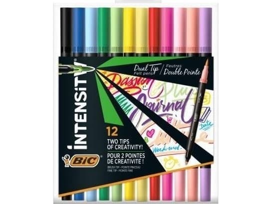 BIC Intensity Dual Brush Fasermaler, 12 stykker, Sort, Blå, Grønn, Lyseblå, Lysegrønn, Lyserosa, Oransje, Rosa, Rød, Fiolett, Gult, Pensel tupp, Fler