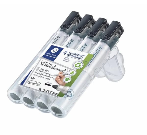 Whiteboardmarker STAEDTLER Lumocolor® 351, sort, rund, 2 mm - etui med 4 stk.