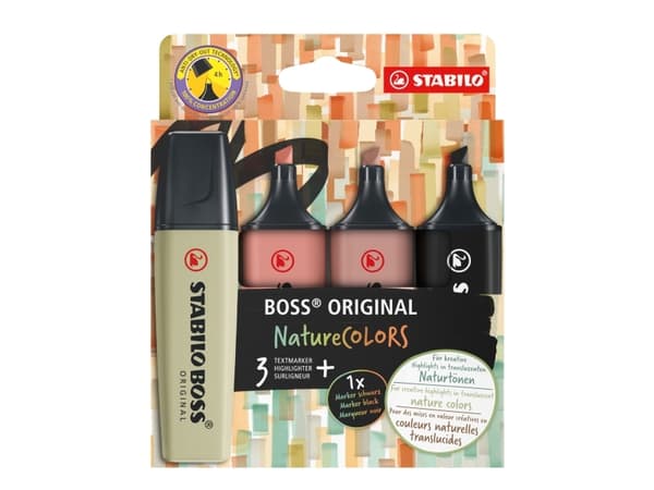 STABILO BOSS ORIGINAL NatureColors, 4 stykker, Sort, Bronse, Brun, Grønn, 18 år, Meisel tupp, Flerfarget, Plast