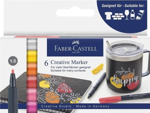 Faber-Castell Creative Marker, 6 stykker, Lyserosa, Oransje, Rosa, Rød, Hvit, Gult, Projektil spiss, Flerfarget, Rund, 1,5 mm