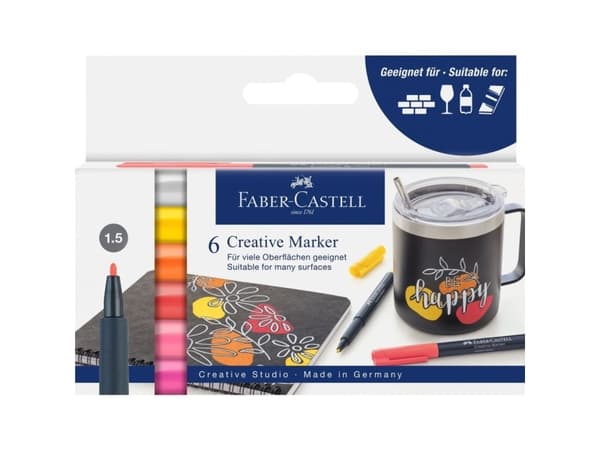 Faber-Castell Creative Marker, 6 stykker, Lyserosa, Oransje, Rosa, Rød, Hvit, Gult, Projektil spiss, Flerfarget, Rund, 1,5 mm