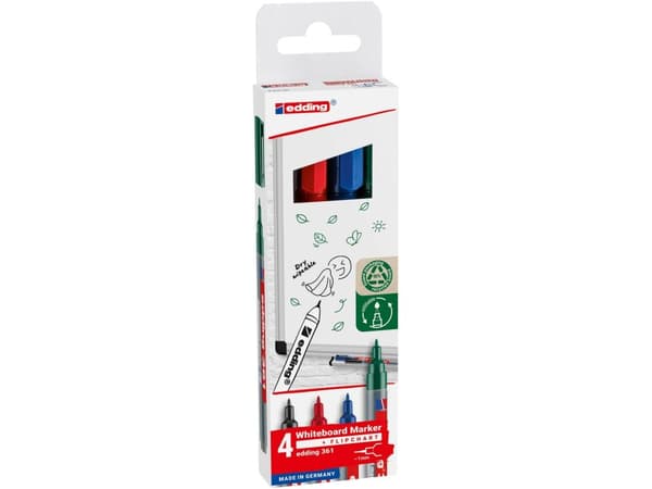 Edding 361 Whiteboard, 4 stykker, Sort, Blå, Grønn, Rød, Projektil spiss, Plast, Rund, 1 mm