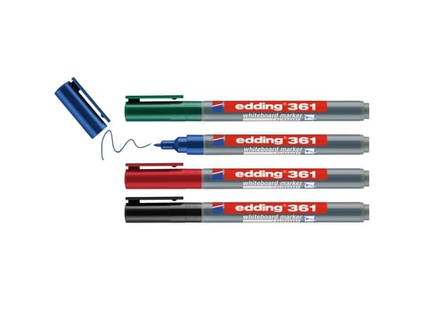 Edding 361 Whiteboard, 4 stykker, Sort, Blå, Grønn, Rød, Projektil spiss, Plast, Rund, 1 mm