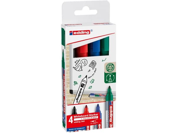 Edding 360 Whiteboard, 4 pc(s), Black, Blue, Green, Red, Bullet tip, Plastic, 1.5 mm, 3 mm