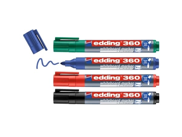 Edding 360 Whiteboard, 4 stykker, Sort, Blå, Grønn, Rød, Projektil spiss, Plast, 1,5 mm, 3 mm