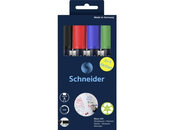 Schneider skrivinstrument whiteboardmarkör Maxx 293 set om 4 assorterade, 3+1 åtgärd 129384 whiteboardmarkör 1 st