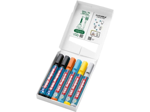 Edding 385 Flipchart, 6 styck, Svart, Blå, Silver, Gul, Brush/Bullet tip, Plast, Rund, 1 mm