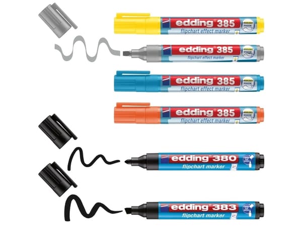 Edding 385 Flipchart, 6 styck, Svart, Blå, Silver, Gul, Brush/Bullet tip, Plast, Rund, 1 mm