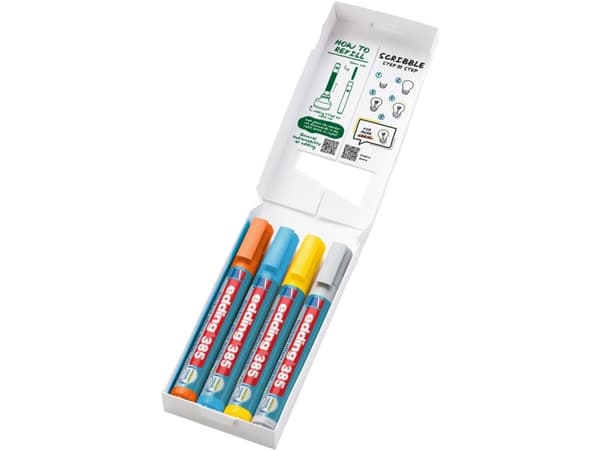 Edding 385 Flipchart, 4 stykker, Blå, Oransje, Sølv, Gult, Pensel tupp, Plast, Rund, 1 mm