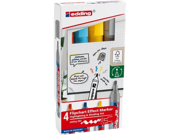 Edding 385 Flipchart, 4 stykker, Blå, Oransje, Sølv, Gult, Pensel tupp, Plast, Rund, 1 mm