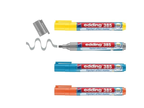 Edding 385 Flipchart, 4 stykker, Blå, Oransje, Sølv, Gult, Pensel tupp, Plast, Rund, 1 mm