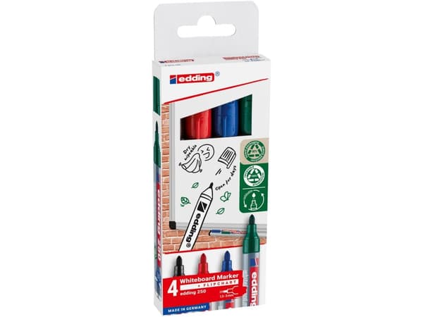 Edding 250 Whiteboard, 4 pc(s), Black, Blue, Green, Red, Bullet tip, Aluminium, Round, 1.5 mm