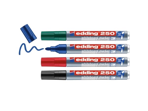 Edding 250 Whiteboard, 4 pc(s), Black, Blue, Green, Red, Bullet tip, Aluminium, Round, 1.5 mm