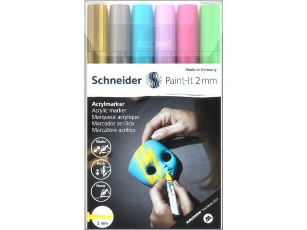 Schneider Schreibgeräte Paint-It, 6 styck, Guld, Ljusblå, Ljusgrön, Ljusrosa, Lila, Silver, Rundad spets, Guld, Grön, Ljusblå, Lila, Silver, Vit, Run
