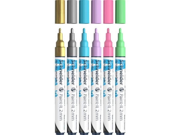 Schneider Schreibgeräte Paint-It, 6 styck, Guld, Ljusblå, Ljusgrön, Ljusrosa, Lila, Silver, Rundad spets, Guld, Grön, Ljusblå, Lila, Silver, Vit, Run