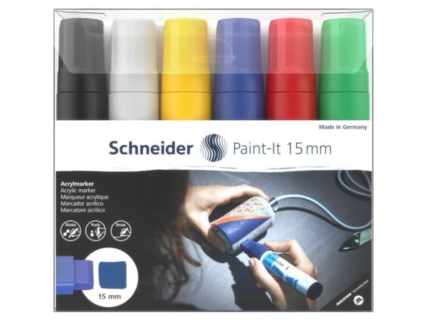 Schneider Schreibgeräte Paint-It, 6 stykker, Sort, Blå, Grønn, Rød, Hvit, Gult, Blokk, Sort, Blå, Grønn, Rød, Hvit, Gult, Rund, 1,5 cm