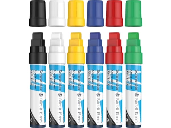 Schneider Schreibgeräte Paint-It, 6 stykker, Sort, Blå, Grønn, Rød, Hvit, Gult, Blokk, Sort, Blå, Grønn, Rød, Hvit, Gult, Rund, 1,5 cm