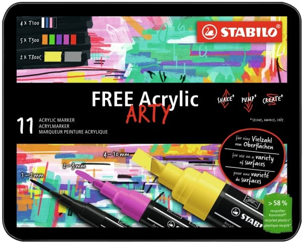 STABILO FREE Acrylic, 11 styck, Svart, Blå, Karmin, Mörkgrå, Grön, lila, Orange, Rosa, Violett, Vit, Gul, 14 År, Rund, 1 mm, 1 cm