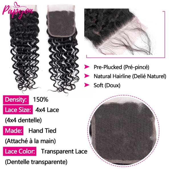 Lace Closure, 4x4 Lace Størrelse, Håndbundet Metode, Transparent Lace Farve,4x4 Lukning Kun, 16tommer