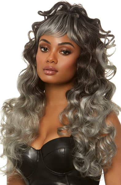 Long Curly Wispy Bang Wig Grey Peruukki