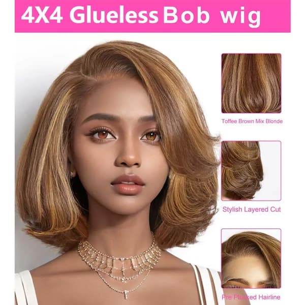 4x4 Glueless Bob Peruk, Toffee Brun Mix Blond, 180% Tjocklek,4x4 limfri peruk, 12TUMMAR, 180%