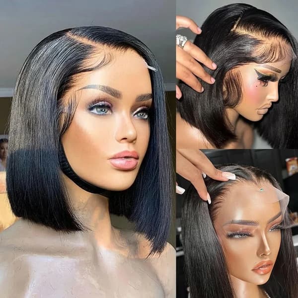 Bone Straight Bob Peruk, Förplockad Hårfäste, Naturlig Svart Färg,13x6 HD spets bob peruk, 200 densitet, 10 tum