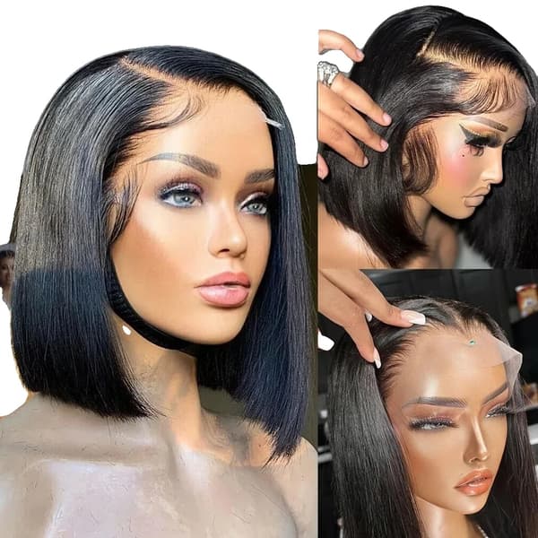 Bone Straight Bob Peruk, Förplockad Hårfäste, Naturlig Svart Färg,13x6 HD spets bob peruk, 200 densitet, 10 tum