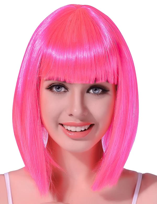 Mellomlang neonrosa firkantet parykk for kvinner.Size-One size