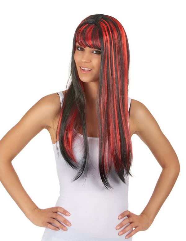 Lang svart parykk med smell og rød balayage for kvinner.Size-One size