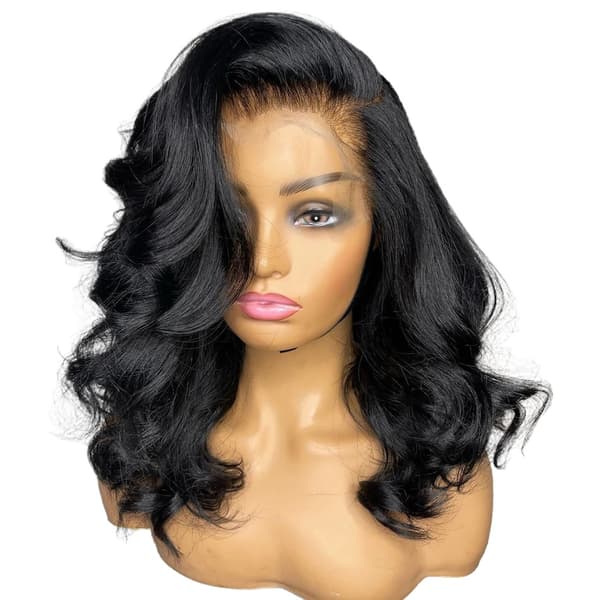 Body Wave Bob Peruk, Förplockad Hårfäste, Naturlig Svart Färg,13x4 HD spetsperuk, 250 Densitet, 14 tum