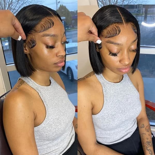 Bone Straight Bob Peruk, Förplockad Hårfäste, Naturlig Svart Färg,16 tum, 180 densitet, 14x4 HD Lace Bob Peruk