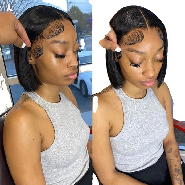 Bone Straight Bob Peruk, Förplockad Hårfäste, Naturlig Svart Färg,16 tum, 180 densitet, 14x4 HD Lace Bob Peruk