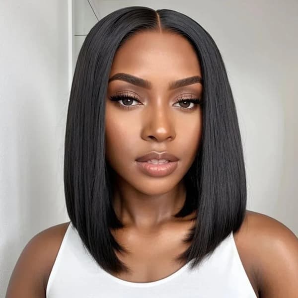 Bone Straight Bob Peruk, Förplockad Hårfäste, Naturlig Svart Färg,10 tum, 6x6 Glueless Bob Peruk, 200 densitet