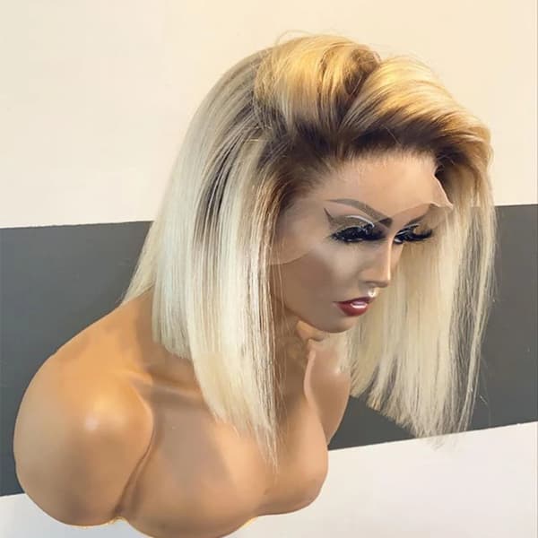 613 Ombre Blonde Bob Peruk, Rak Textur, Medelstor Kappa,8 tum, 1B 613