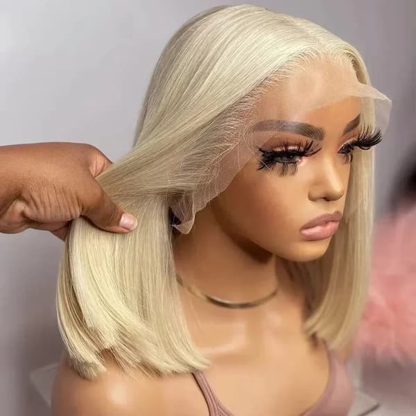 Blond Bob Peruk, Remy Indiskt Hår, 13x4 Frontal Spets,3 arbetsdagar, #613, 10 tum