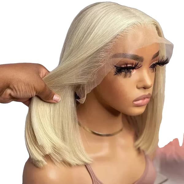 Blond Bob Peruk, Remy Indiskt Hår, 13x4 Frontal Spets,3 arbetsdagar, #613, 10 tum