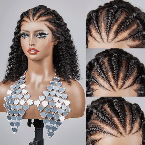 Flätat Mänskligt Hår Peruk, Kinky Lockigt Stil, Naturlig Look,250 Densitet, 16 tum