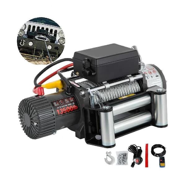 13500 lbs 6,8 hk/4,85 kW 12V tung elektrisk vinsch med trådlös fjärrkontroll, 24m X 9,5mm superstark stålkabel, stark dragkraft, komplett tillbehör