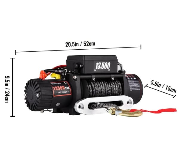 13500 lbs 12V elektrisk lastbilsvinsch med 24m höghållfast syntetrep, kraftfull motor och växel, trådlös fjärrkontroll, kompletta tillbehör