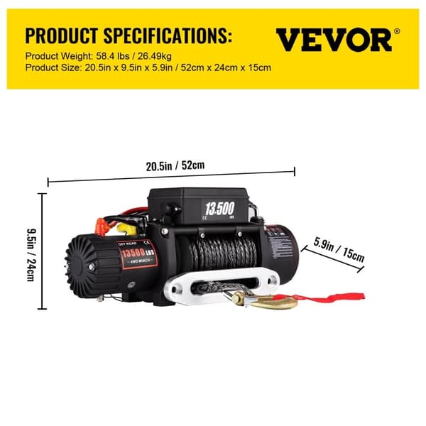 VEVOR Sähkövinssi, 13 500 lbs Nimellisvetovoima, Kestävä Synteettinen Köysi,13500 paunaa