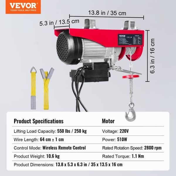 Elektrisk lyftvinsch 250 KG - VEVOR - 510 W Kabellyft Vinsch-lyft 10 m/min + trådlös fjärrkontroll