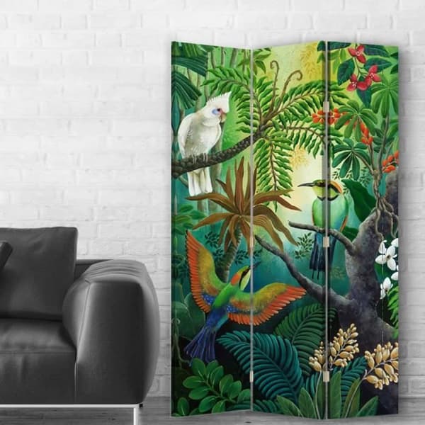White Parrot and Hummingbird Screen - Dekorativ inomhusvägg - 110x150cm