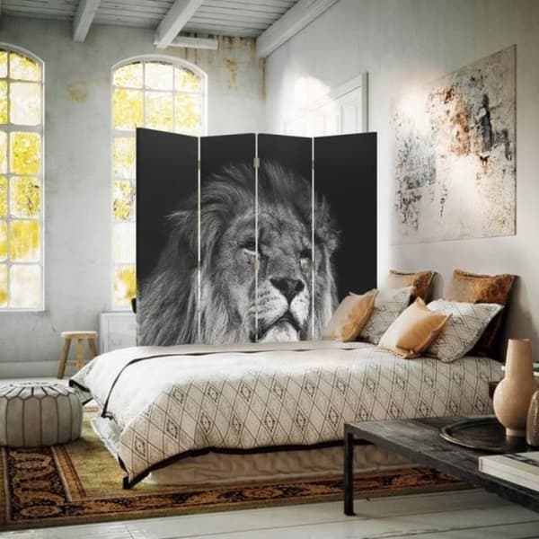 Legendarte - Skärm - Skiljevägg med tryck fram/bak svart och vitt lejon cm. 145x170 (4x)