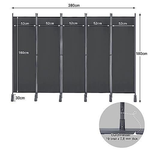 Paravent - LZQ - 280 x 180 cm - Flexibel och justerbar - 100% polyester - Bas i mörkgrått järn