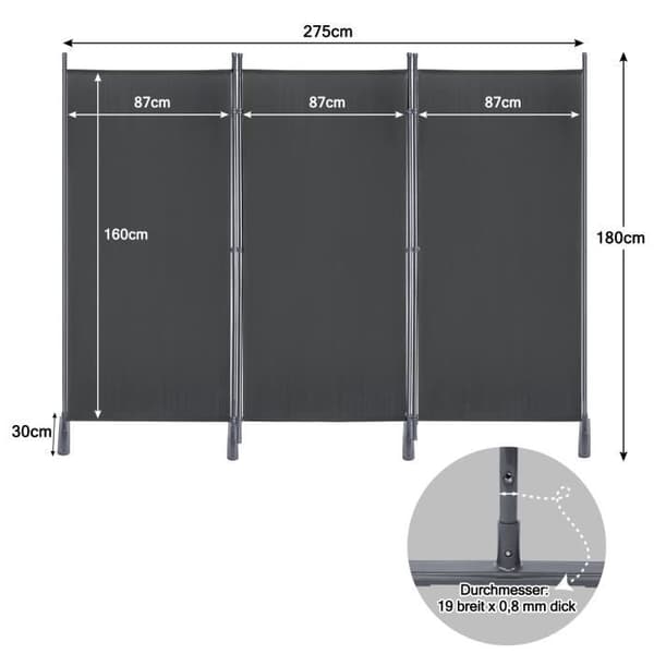 Paravent - XMTECH - 3 Paneler - Fällbar - Integritetsskydd - Antracit 275x180 cm
