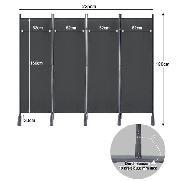 4-panelsskärm - XMTECH - Vikbar modell - Integritetsskydd - 225 x 180 cm - Antracit
