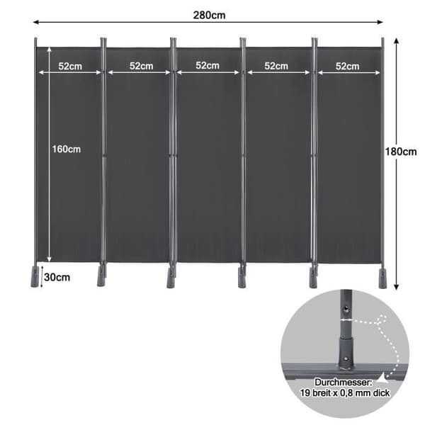 Skärm - XMTECH - 5 paneler - Vikbar - 280 x 180 cm - Antracit