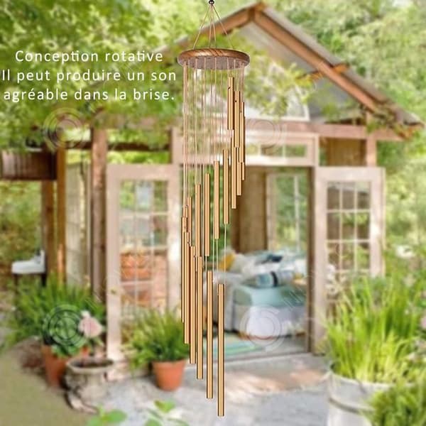INN Wind Chime 12x90cm Roterande massivt trä Gyllene hängande utomhus vindklocka med 18 rör Aluminiumlegering Trädgård