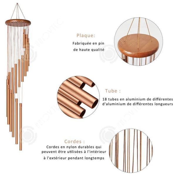 INN Wind Chime 12x90cm Roterande massivt trä Gyllene hängande utomhus vindklocka med 18 rör Aluminiumlegering Trädgård